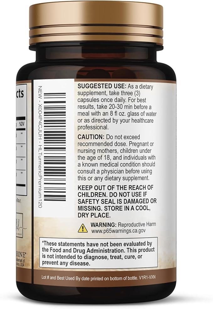 Turmeric Curcumin Supplement with 95% Curcuminoids, Organic Turmeric & Ginger 1750mg, BioPerine Black Pepper for Best Absorption, Nature's Vegan Joint Support, Non-GMO, Bottled in USA - 120 Capsules