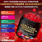 KUKALY Creatine Monohydrate Gummies for Men & Women, 9000MG Creatine Gummies Sugar Free with L-Taurine, BCAA 2:1, B12 B6 for Boost Strength, Focus & Endurance, Vegan, Non-GMO, Raspberry 120*2 Bottle
