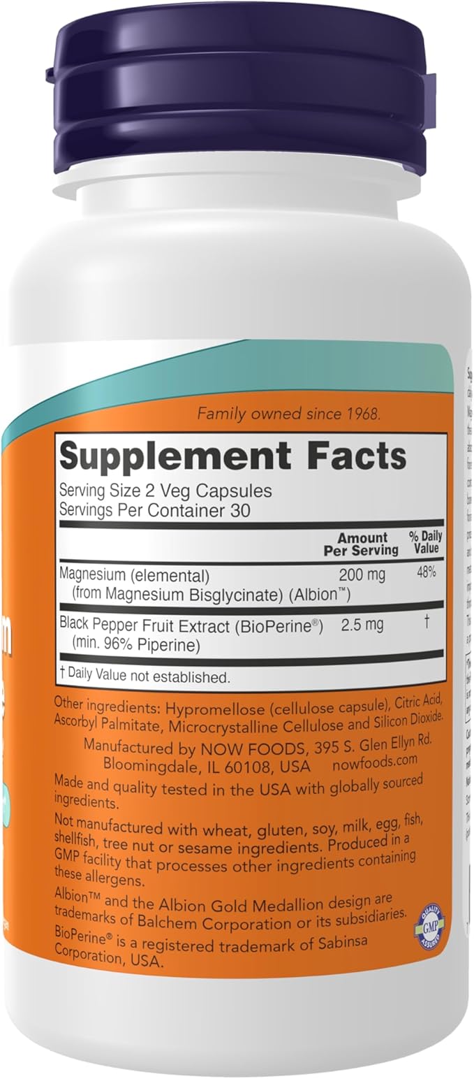 Now Supplements, Magnesium Glycinate with BioPerine, 60 Veg Capsules