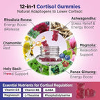 Cortisol Gummies, 12-in-1 Cortisol Reducer, with Magnesium Glycinate, Ashwagandha, L-Theanine, Phosphatidylserine, Vitamin B6 & D3, Rhodiola Rosea, for Men & Women, Sugar-Free, Vegan, NON-GMO, 60CT