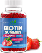 Biotin 10,000mcg Gummies for Hair Growth, Skin & Nails - 2x Maximum Strength Biotin Vitamins for Women & Men - Gluten-Free, Vegan, Non-GMO, Great Tasting Strawberry Flavor - 60 Gummies (1 Month)