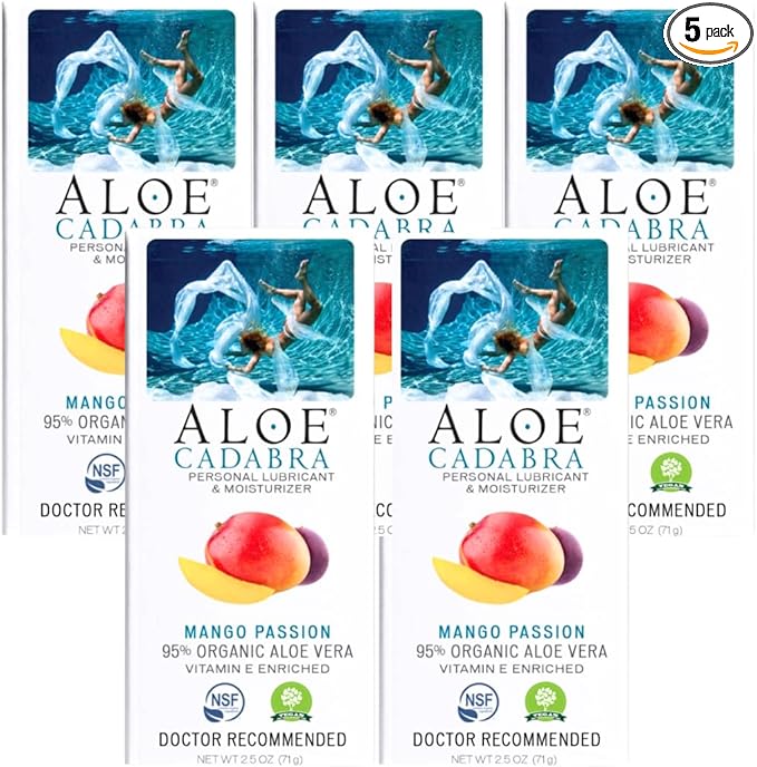 Aloe Cadabra Flavored Personal Lubricant Organic Passion Lube for Women, Men & Couples, Mango Passion 2.5 Ounce (Pack of 5)