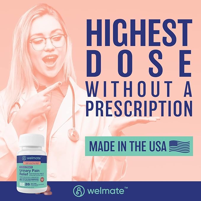 WELMATE Urinary Pain UTI Relief Maximum Strength (Phenazopyridine HCL) - Improve Urinary Tract Health & Bladder Control, Urgency, & Discomfort | Over-The-Counter Medication for Men & Women (36 Pills)