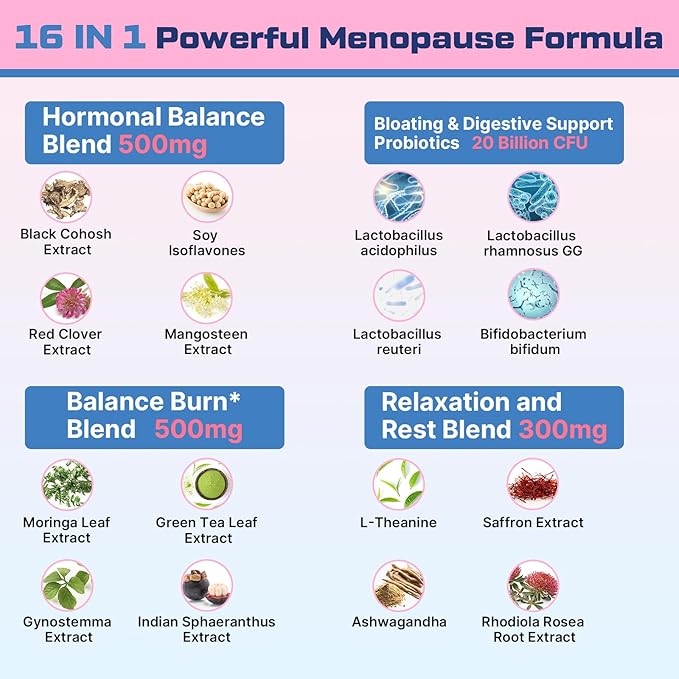 Menopause Supplements for Women Gummies, 16-in-1 Probiotic, Black Cohosh & Ashwagandha for Menopause Relief, Hot Flashes, Hormone Harmony, Mood Swings, Belly Burner* & Gut, Sugar-Free - 60 Gummies