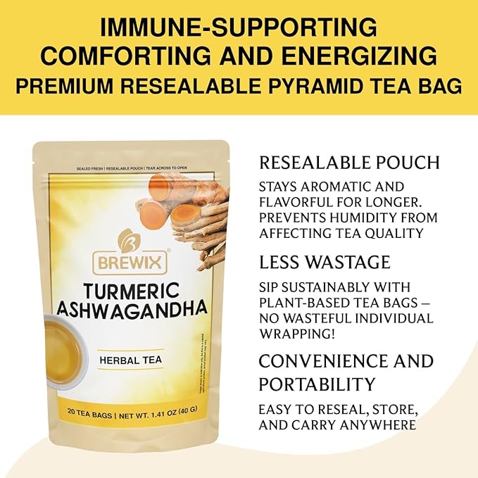 BREWIX, Turmeric Ashwagandha Herbal Tea Bags (20 Pyramid Tea Bags) Adaptogenic Herbs for Stress & Mood Support | Evening Calm & Sleep Support | Real Ingredients From India, Caffeine Free & Naturally Gluten Free | 100% Pure Herbal Blend Packed in Reseal...