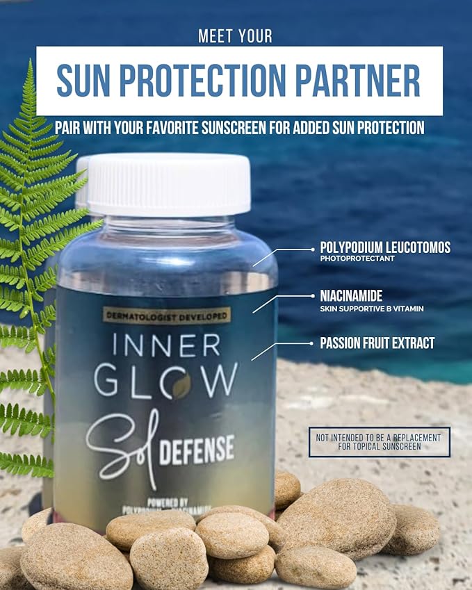 Inner Glow Sol Defense Gummies – Dermatologist & Plastic Surgeon-Formulated Skin Resilience Vitamin Supplement with Polypodium Leucotomos & Niacinamide, Passion Fruit Flavor, 60 Sugar-Free Gummies