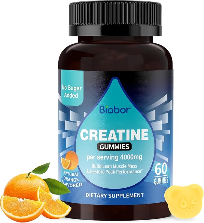 Biobor Creatine Monohydrate Gummies 4000mg for Men & Women, No Sugar Added, Chewable Creatine Supplement for Energy Boost, Muscle Strength, Vegetarian-Friendly, Gluten Free (Orange, 60 Count)