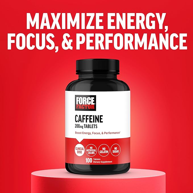 Force Factor Caffeine Pills 200mg, Boost Energy, Focus, Strength, and Performance, Premium Quality Tablets, Energy Support Supplement, 100 Tablets