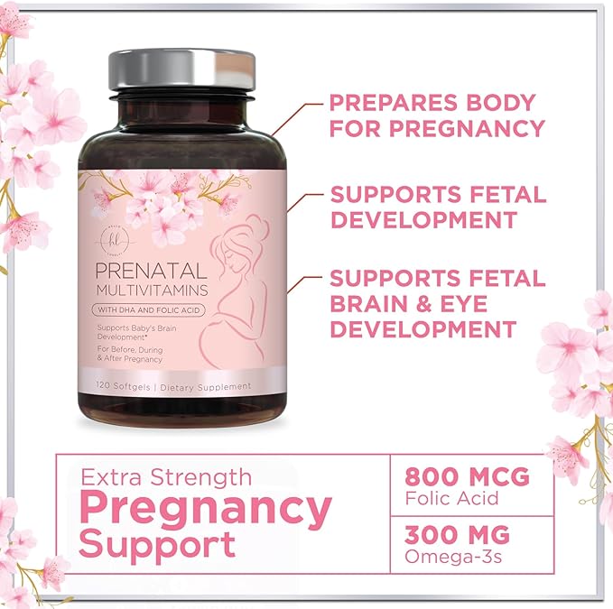 Prenatal Vitamins for Women - Prenatal Multivitamin with Folic Acid & Omega 3 DHA Fetal Development Support - Pregnancy Vitamin Supplement with, Vitamin A, C, D, B6, B12 & Iron - 120 Softgels