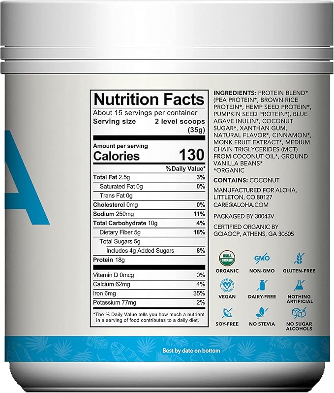 ALOHA Organic Plant Based Protein Powder, Stevia Free, Vanilla, 19.6 oz, 15 Servings PACKAGING MAY VARY