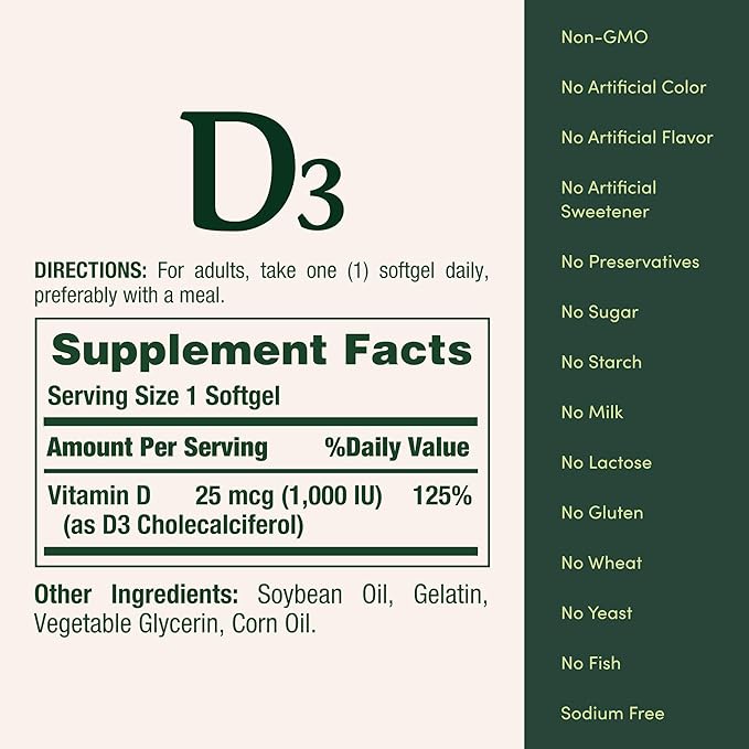 Nature's Bounty Vitamin D3 1000 IU, Immune Support, Helps Maintain Healthy Bones, 250 Rapid Release Softgels (Pack of 2)