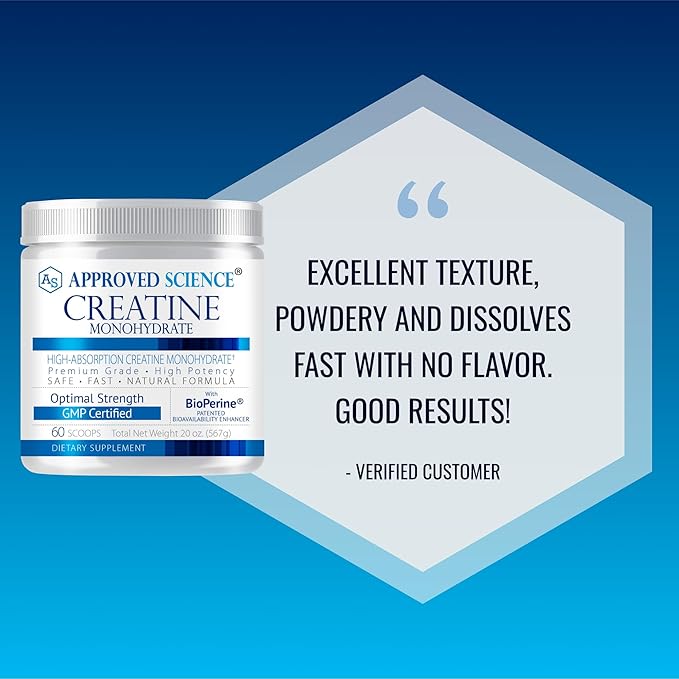 Approved Science Creatine Monohydrate Powder – with BioPerine – Supports Strength, Lean Muscle & Recovery – 5 g Per Serving – Unflavored Creatine Powder – Non-GMO, Vegan – 60 Servings