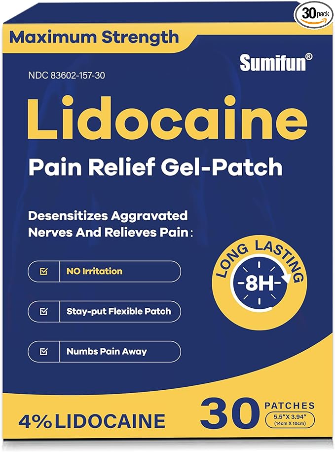 Sumifun 4% Lidocaine Pain Relief Patches 30 Count Maximum Strength Numbing Gel Patch for Back Knee Neck Joint Ache Muscle Soreness Topical Analgesic