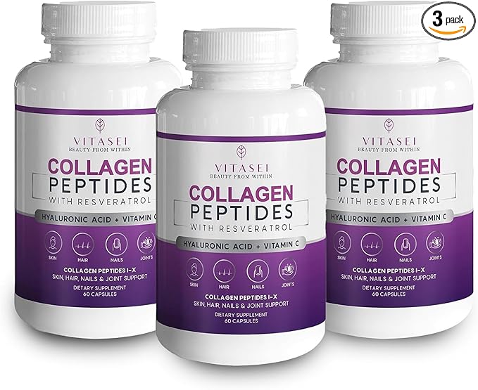 VITASEI Collagen Peptide Capsules with Hyaluronic Acid, Vitamin C, Biotin and Resveratrol - Collagen Supplements for Women & Men - Hair, Nails, Skin & Joint Vitamins - 60 Count (Pack of 3)
