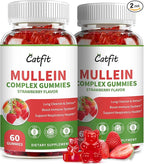 Catfit Mullein Gummies for Lungs Detox &Lymphatic Drainage,Mullein Leaf Extract,Quercetin&Elderberry for Respiratory & Immune Support,Vegan, Strawberry Flavor, 120 Gummies