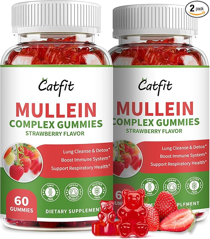 Catfit Mullein Gummies for Lungs Detox &Lymphatic Drainage,Mullein Leaf Extract,Quercetin&Elderberry for Respiratory & Immune Support,Vegan, Strawberry Flavor, 120 Gummies
