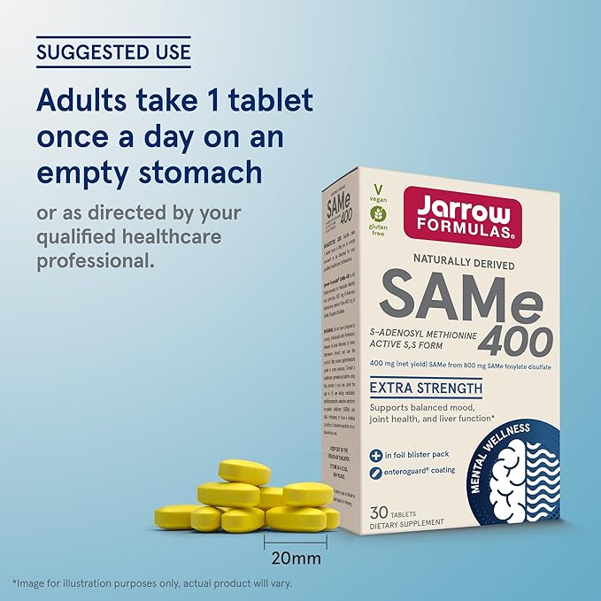 Jarrow Formulas SAMe Supplement 400 mg - 30 Tablets - High Concentration of Active S,S Form - Supports Joint Health, Liver Function, Brain Metabolism, Balanced Mood & Antioxidant Defense - 30 Servings
