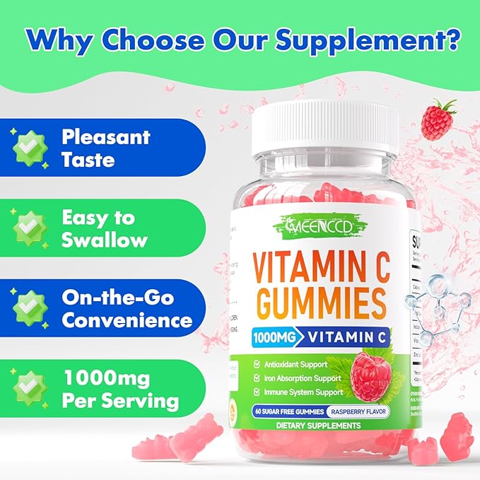 MEENCCD Organic Vitamin C Gummies for Adults, Chewable Vitamin C Gummies with Zinc for Antioxidant Support, Vegan, Non-GMO, Sugar-Free, Raspberry Flavor, 60 Count