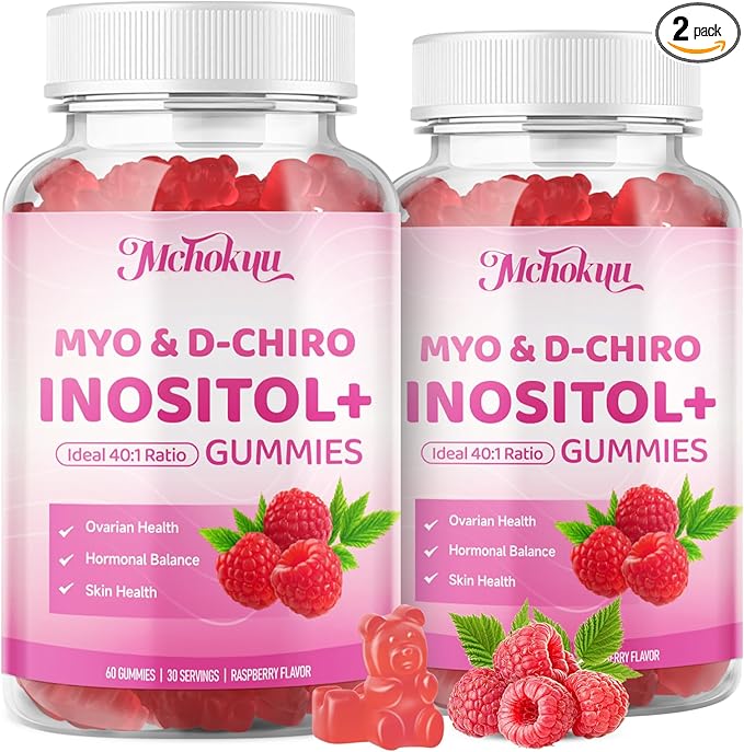 Myo-Inositol & D-Chiro Inositol Gummies, Ideal 40:1 Ratio Supplement for Women with Vitamin D3 & B12 for Support Hormonal Balance & Wellness, Sugar Free, Raspberry, 120 Count