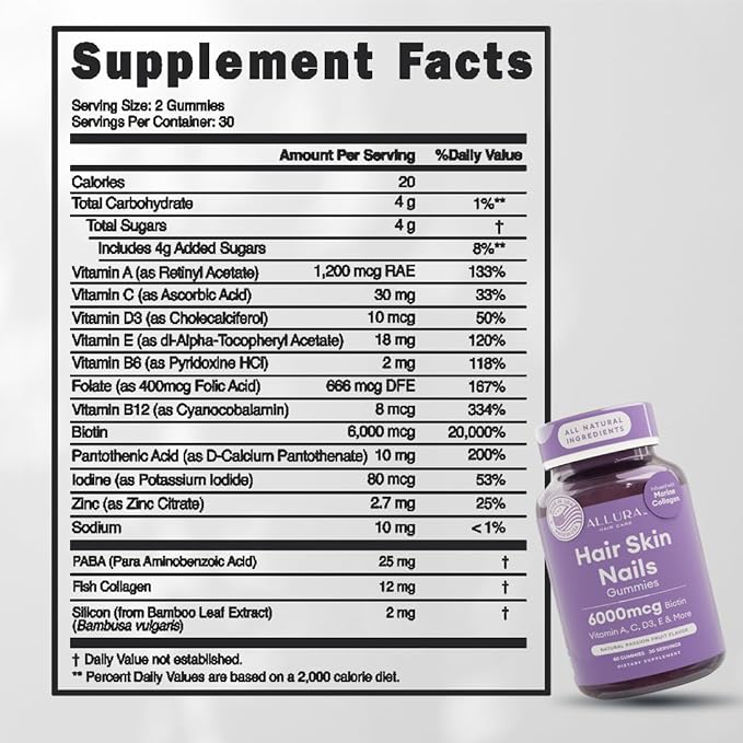 Hair Skin and Nails Vitamins for Women – Extra Strength 6000mcg Biotin Hair Gummies with Marine Collagen, Vitamin E, A, C & PABA for Hair Growth, Healthy Skin & Nails – Made in US, Passion Fruit, 60ct