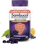 Sambucol Black Elderberry Zero Sugar Triple Immunity Gummies - Daily Vitamin C & Vitamin D, Sugar Free Black Elderberry Gummies for Adults and Kids, Chewable Berry Supplement - 60 Count