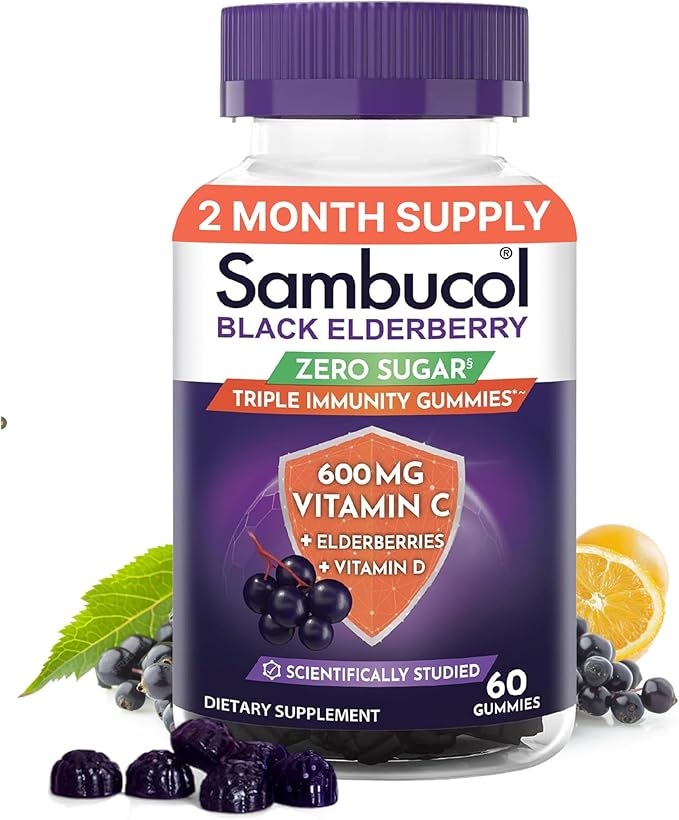 Sambucol Black Elderberry Zero Sugar Triple Immunity Gummies - Daily Vitamin C & Vitamin D, Sugar Free Black Elderberry Gummies for Adults and Kids, Chewable Berry Supplement - 60 Count
