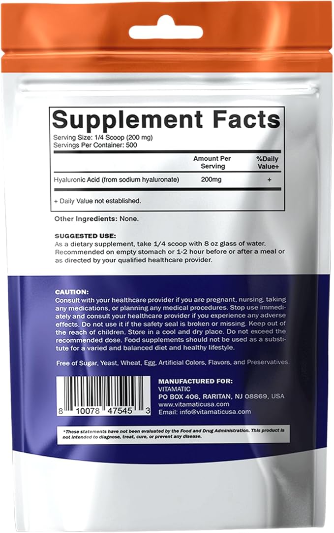 Vitamatic Hyaluronic Acid Powder 200mg - Supports Healthy Connective Tissue and Joints - Promote Youthful Healthy Skin - 100 Gram