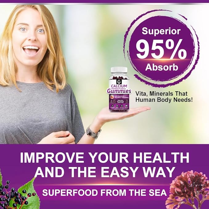 Calcium Magnesium Zinc Gummies with High Absorption Magnesium Glycinate 300mg, Potassium - Plant Complex Calcium Magnesium 2:1 Ratio, with D3 Sea Moss for Bone, Immune & Sleep Support, Vegan-2 Pack