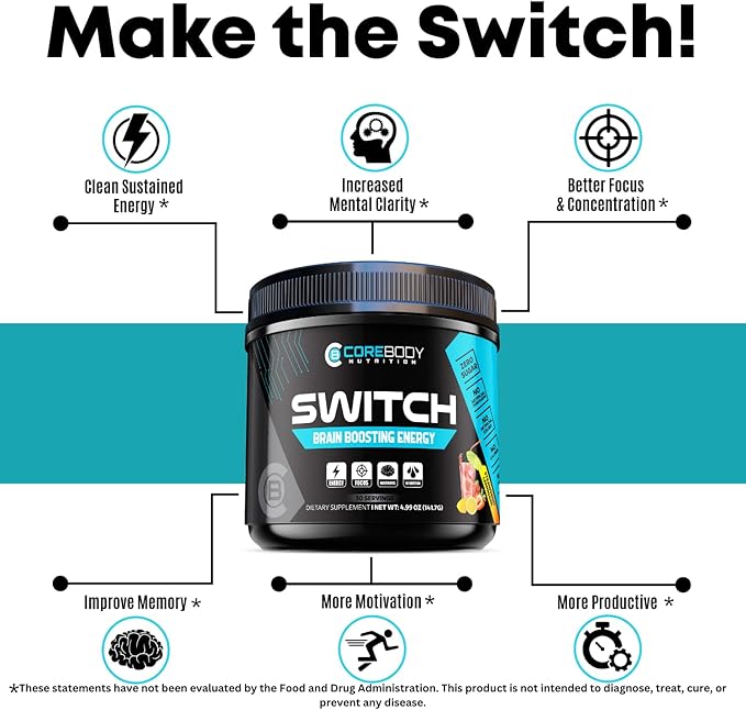 Switch, Brain Boosting Nootropic Energy Supplement Powder - Made in USA - Alpha GPC, NALT, Ashwagandha, Sugar Free Energy, Keto, Increase Mental Focus & Cognitive Function, Enhances Mood & Memory