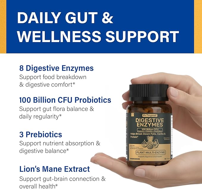 Digestive Enzymes Supplement with 100 Billion CFU Organic Probiotic & Prebiotic - Multi-Enzyme Formula for Women & Men - Supports Digestive & Gut Health, Aids Protein, Carb & Dairy Digestion, 60 Caps