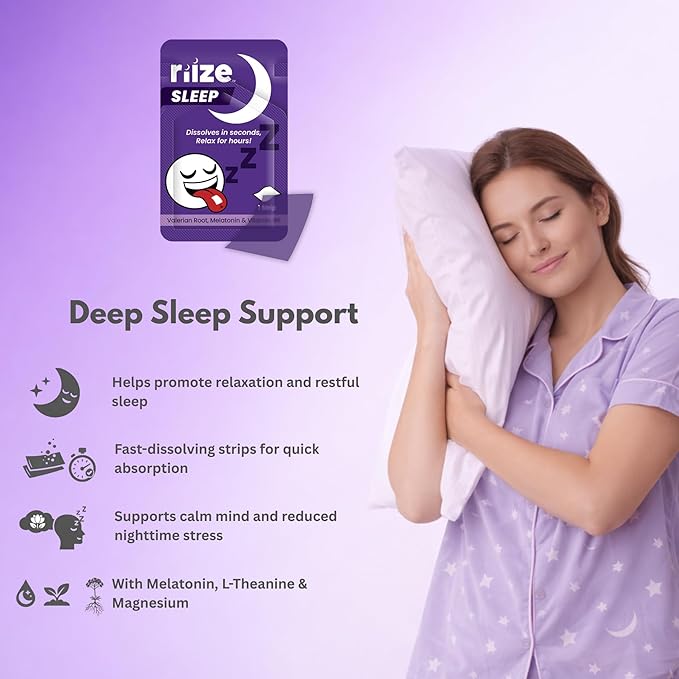 Riize Sleep Strips, Fast Acting Dissolvable Oral Supplement with 5mg Melatonin, Valerian Root, L-Theanine, Vitamin B6, Natural Flavors, Vegan (6 Count)