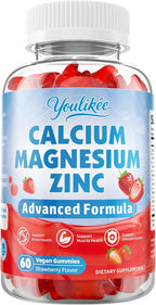 Calcium Magnesium Zinc Gummies for Adult, Calcium Citrate with Vitamin D3, High Absorption Calcium Magnesium Supplement for Women & Men, Sugar-Free, Strawberry Flavor, 60 Count