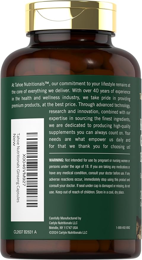 Tahoe Nutritionals Korean Panax Ginseng Extract 1500 mg | 200 Capsules | Supplement for Men & Women | Non-GMO and Gluten Free