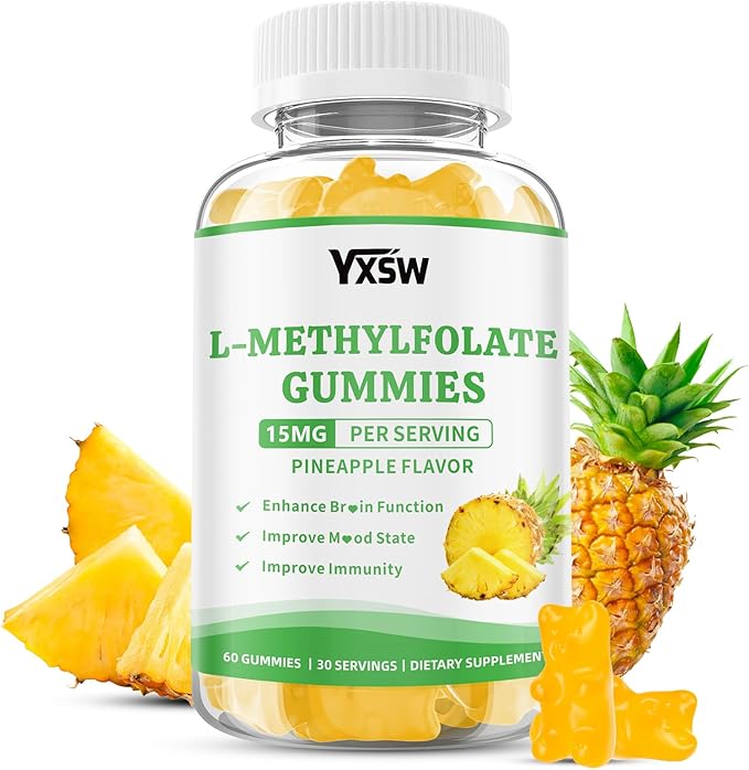 L-Methylfolate Gummies 15mg, Methylfolate Supplement, Folate Supplement for Support Mood, Brain Health, Immune System, Sugar Free, Pineapple Flavor, 60 Count