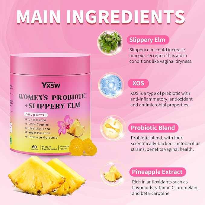 Women's Probiotics Slippery Elm Gummies, Her Juicy Feminine Probiotics Gummies Support pH Balance, Gut Health & Immune System, Sugar-Free, Pineapple Flavor, 60 Count