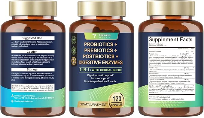 Totaria 5-in-1 Probiotic Prebiotic & Postbiotic for Women Men, 60 Billion CFU 24 Strains w/Digestive Enzymes, Prebiotic Fiber, Slippery Elm, Daily Complete Immune, Gut Health, 120 Day Supply