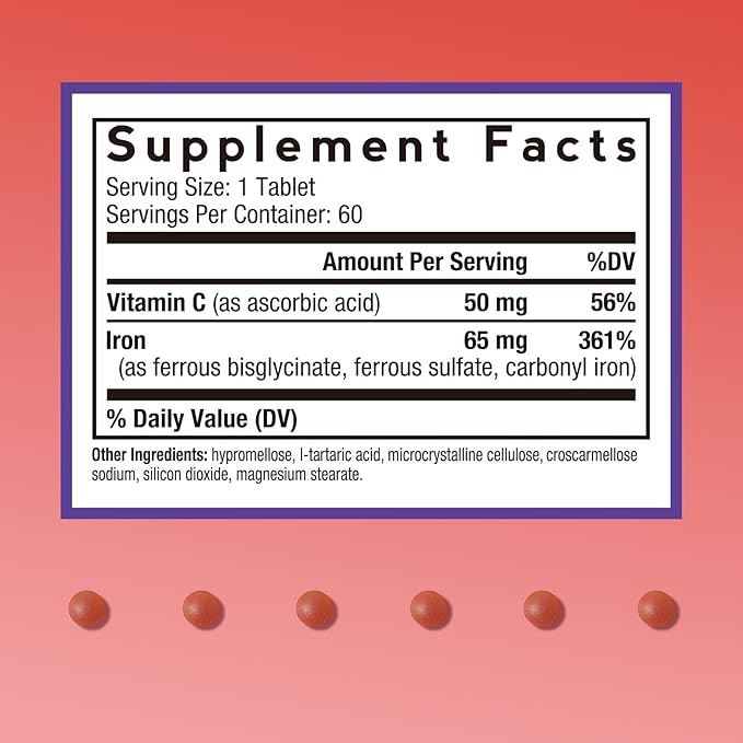 Doctor's Recipes Iron Supplement for Women & Men, 65mg from Ferrous Bisglycinate Sulfate Carbonyl Iron, Non-Constipating, Vitamin C for Optimal Absorption, Energy, Blood Support, 60 Tabs