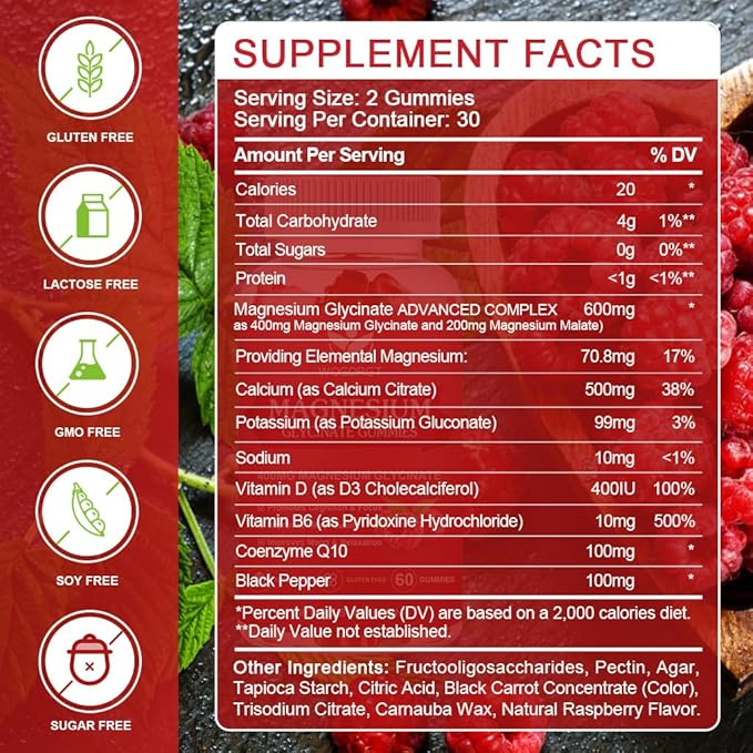 Magnesium Glycinate Gummies - 400mg Magnesium Glycinate Gummy with Vitamin D, B6, and CoQ10, Magnesium Supplement for Relaxation and Cognition, Sugar Free - 60 Raspberry Gummies (3 Pack)