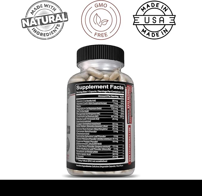 Kaya Naturals Healthy Gluco with Bittermelon Supplement | Support Healthy Levels and Function, 20 Herbs Vitamins and Minerals, Alpha Lipoic Acide, Cinnamon, Vitamin C & E, Non-GMO (120 Count)