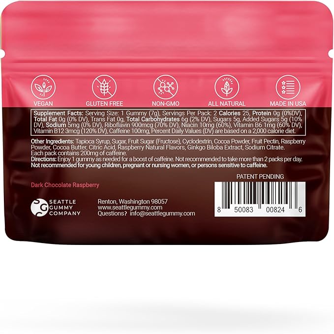 SGC Highest Concentration 100 mg Caffeine per Gummy, 2 Gummies per Pack, 6-Pack Mocca Shots Raspberry Chocolate Plant-Based Instant Energy with Herbal nootropics