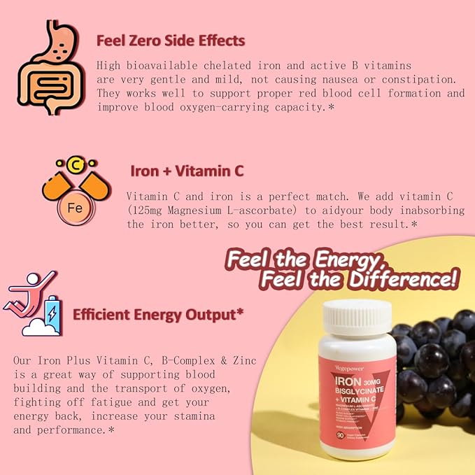 Iron Bisglycinate 30 mg with Vitamin C - High Absorption Iron Supplements for Anemia, Energy & Healthy Red Blood Cells - Gentle on Stomach, Non-Constipating, Non-GMO - 90 Vegan Capsules