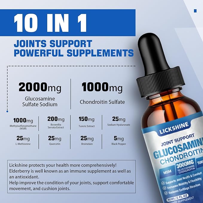 lickshine 1 Pack Glucosamine Chondroitin MSM Liquid Drops - Extra Strength Joint Support Supplement for Adults with Quercetin Boswelia, Bromelain, Hyaluronic Acid, Antioxidant Immune Support (2 Fl oz)
