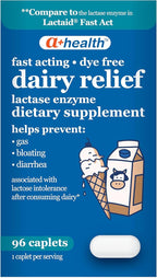 A+Health Dairy Relief Lactase Enzyme 96 Count, 9000 FCC Caplets, Fast Acting, Dye-Free, Dietary Supplement, Helps Prevent Gas, Bloating, Diarrhea Associated with Lactose Intolerance
