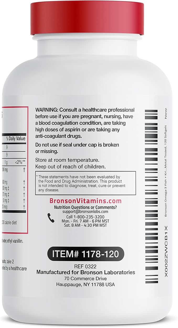 Bronson Omega-3 Fish + Krill Oil 1000 MG EPA DHA Astaxanthin Premium Blend - Joint, Brain & Eye Health - Non GMO, Heavy Metal Tested, 120 Softgels