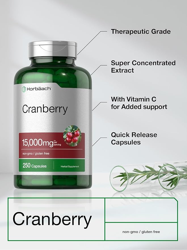 Horbäach Cranberry Pills + Vitamin C | 250 Capsules | Non-GMO and Gluten Free Supplement from Concentrate Extract