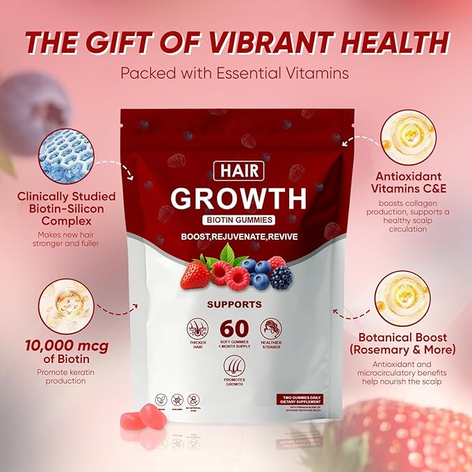Hair Growth Gummies for Black Women, Hair Growth & Strength, Promote Hair Strength & Growth with Biotin Collagen & Botanical Extracts, Delicious Berry Flavor, 60 Count