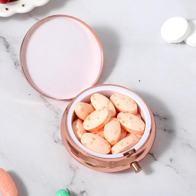 Sibba Portable Medicine Pill Case, Travel Multi-Functional Moisture Proof Pill Box for Purse & Pocket, Cute Metal Medicine Pill Organizer Box for Vitamins, Fish Oil & Supplements (Rose Gold)