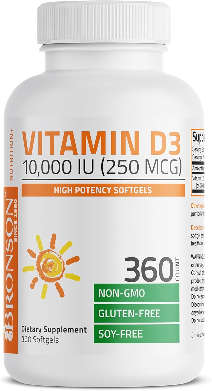 Bronson Vitamin D3 10,000 IU (250 mcg) High Potency - Supports Healthy Immune System, Strong Bones, Muscles & Teeth - Non GMO, 360 Softgels