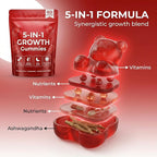 5-in-1 Growth Gummies with Amino Acids, Vitamin D3 & K2, Strawberry Flavor Chewable Supplement, 60 Count