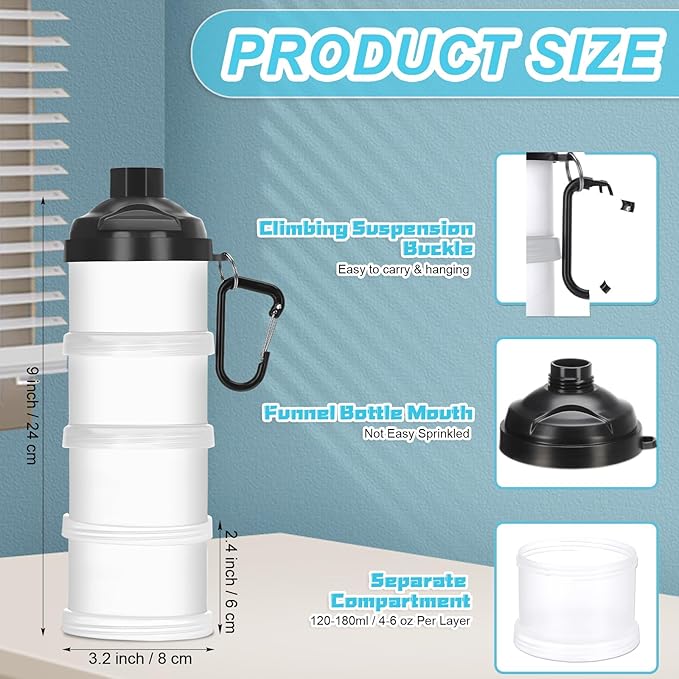 Baderke 2 Pcs Protein Powder Travel Container with Funnels Stand, 4 Layers Stackable Travel Powder Container Formula Supplement Organizer Storage Holder for Workout Fitness(Black)